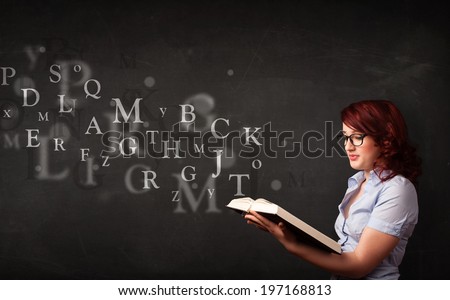 Young lady reading a book with alphabet letters coming out of the book