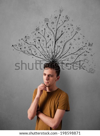 Young man thinking with tangled lines coming out of his head