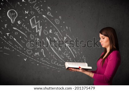 Young woman reading a book while hand drawn sketches coming out of the book