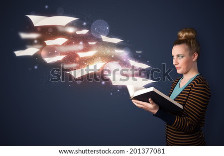 Young lady reading a book with flying sheets coming out of the book, magical reading concept