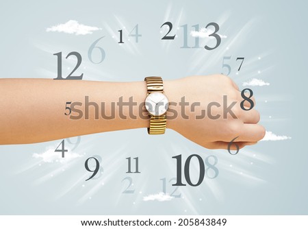 Hand with watch and numbers comming out on the side