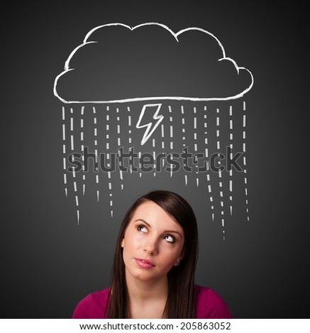 Thoughtful young woman with thundercloud above her head