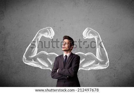 Young businessman wondering with sketched strong and muscled arms