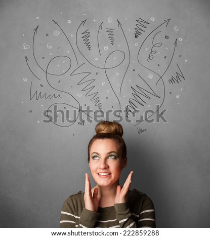 Pretty young woman deciding with sketched arrows over her head
