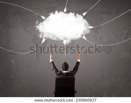 Young man looking at cloud transfer world service concept