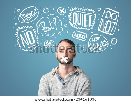 Young man with taped mouth and white drawn thought clouds around his head