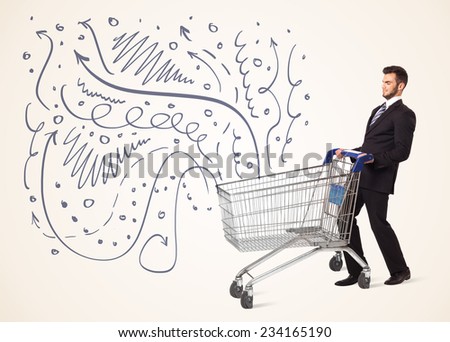 Businessman pushing a shopping cart curly lines, arrows coming out of it