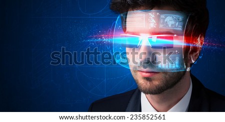 Man with future high tech smart glasses concept