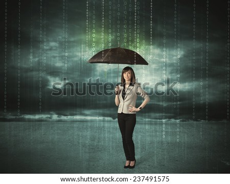 Business woman standing with umbrella data protection concept on background