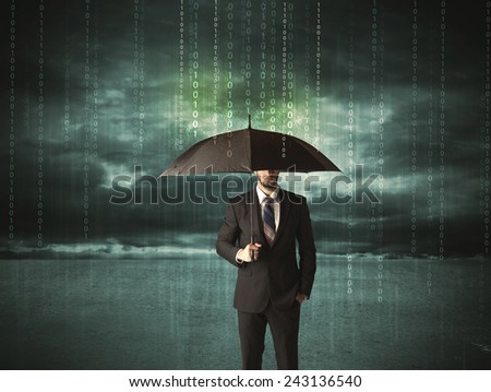 Business man standing with umbrella data protection concept on background