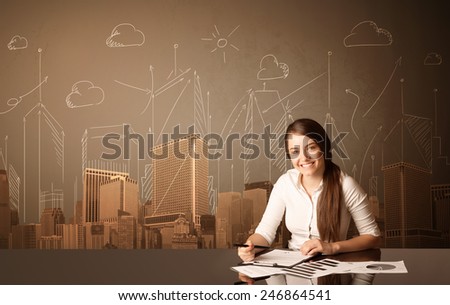 Businesswoman sitting at the black table with buildings and measurements on the background