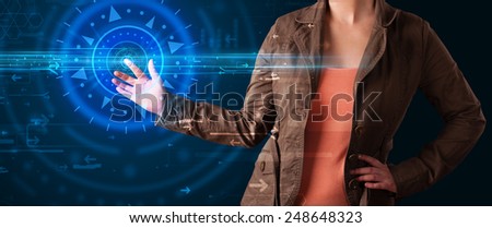Tech woman pressing high technology control panel screen concept