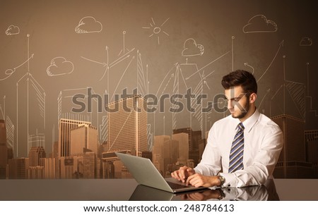 Businessman sitting at the black table with buildings and measurements on the background