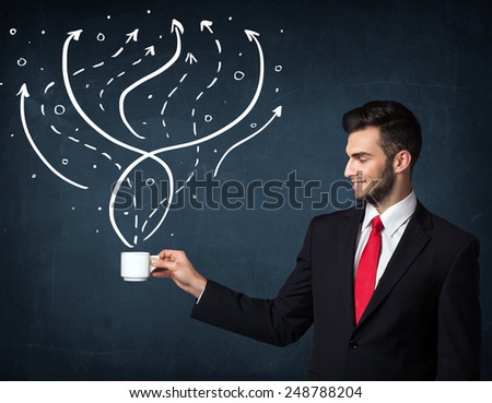 Businessman standing and holding a white cup with drawn lines and arrows coming out of the cup