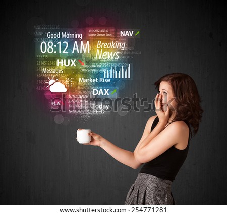 Businesswoman standing and holding a white cup with daily news and information coming out of the cup