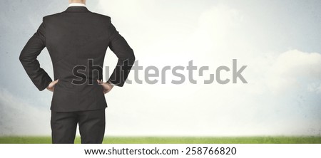 Businessman from the back in front of an empty meadow