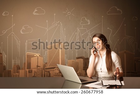 Businesswoman sitting at the black table with buildings and measurements on the background