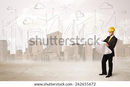 Business engineer planing at construction site with city background concept