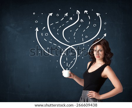 Businesswoman standing and holding a white cup with drawn lines and arrows coming out of the cup