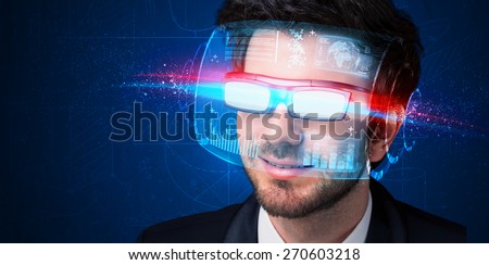 Man with future high tech smart glasses concept