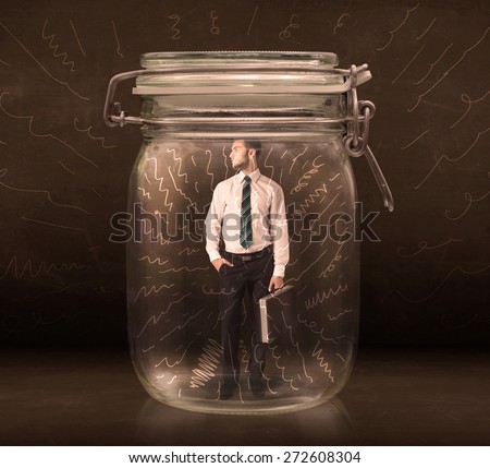 Businessman inside a jar with powerful hand drawn lines concept on bakcground