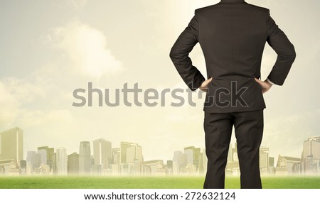 Businessman from the back in front of a city view with clouds and grass