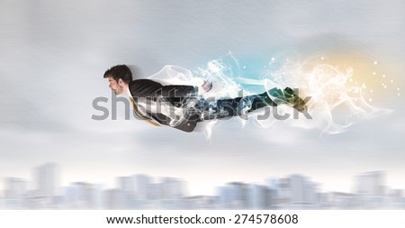 Hero superman flying above city with smoke left behind concept