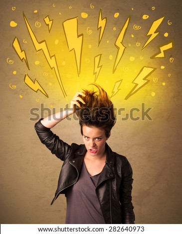 Young woman with hair style and hand drawn lightnings concept on background