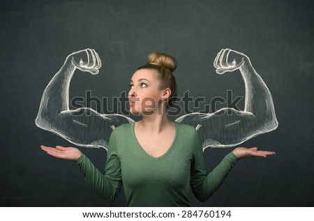 Pretty young woman with sketched strong and muscled arms