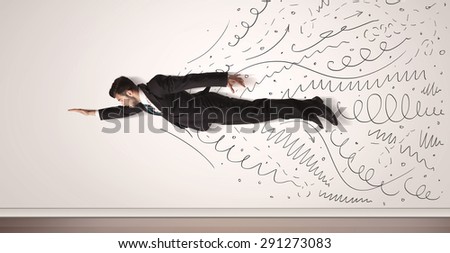 Business man flying with hand drawn lines comming out concept