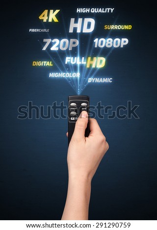 Hand holding a remote control, multimedia properties coming out of it