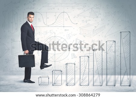 Business man climbing up on hand drawn graphs concept on background