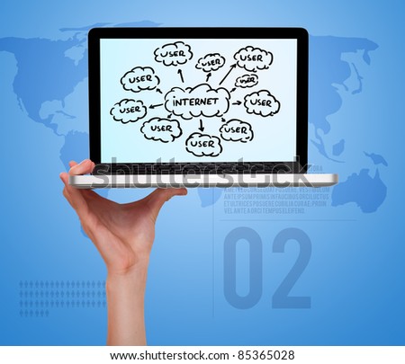 male hand holding a laptop, with internet cloud drawing