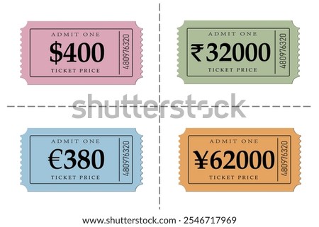 Four colorful admit tickets in different currencies.  