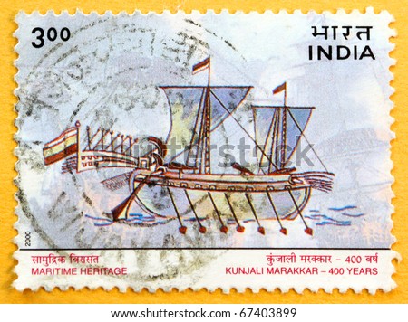 INDIA - CIRCA 2000: A stamp printed in India (present time India) shows Maritime Heritage, Kunjali Marakkar 400 years, circa 2000
