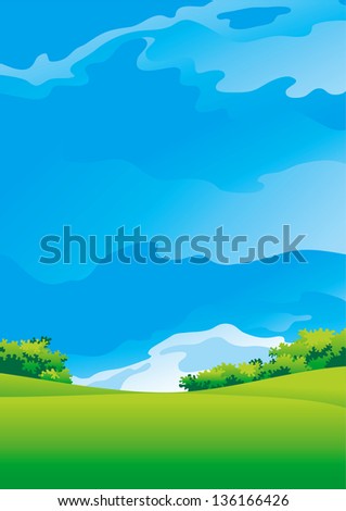 Summer landscape . Vector illustration of summer landscape with green meadows, blue sky and sunbeams