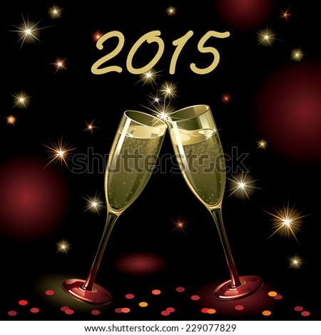 Happy new year 2015! Vector holiday background with two Champagne Flutes, many stars, fireworks on night dark sky and tex 2015