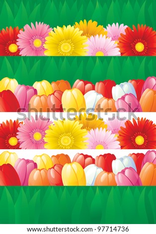 Spring floral banners. Vector set of  banners with  blossoming flowers - tulips, gerberas and green grass.
