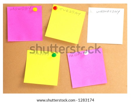 Post It Notes On Cork Board, With Weekdays Writing On Them Stock Photo ...
