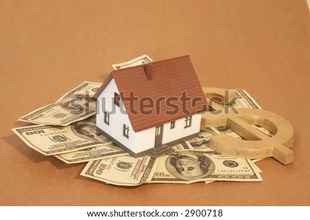 real estate concept with mini house, Us dollars and dollar sign, space for messages