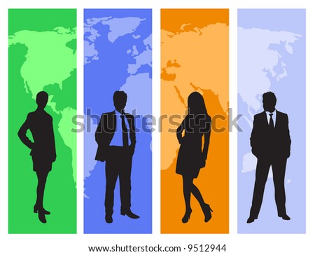 business concept with people silhouettes and world map. Map traced http://www.lib.utexas.edu/maps/world_maps/world_pol02.jpg copyright state: http://www.lib.utexas.edu/maps/faq.html#3.html