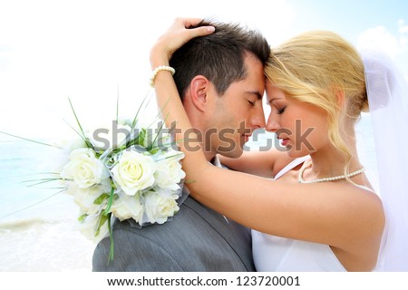 Just married couple sharing romantic moment