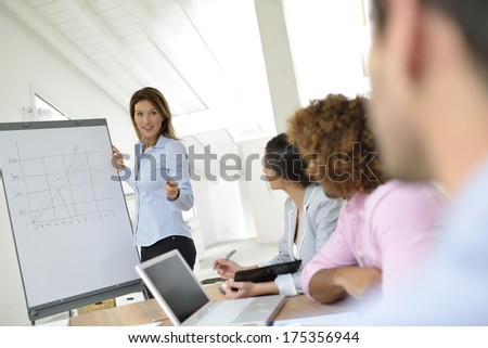 Manager doing business presentation on whiteboard