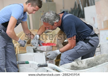 Teenager with professional brick layer in training school