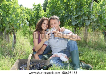 Couple of wine growers testing wine in vineyard