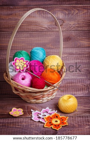 basket with balls of colored yarn