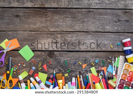 School items on a wooden table