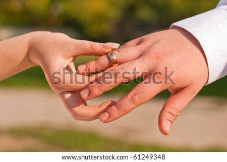 wedding photo. newlyweds wear a ring on each other.
