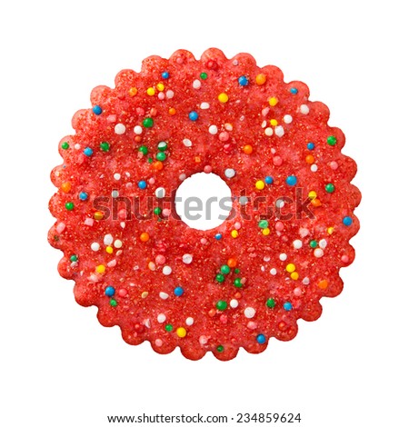 Round Red Christmas Cookie with multicored candy sprinkles. The point of view is from above. The subject is isolated on white.