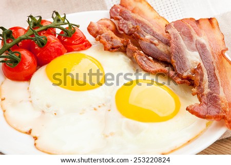 Plate with fried eggs, bacon on board